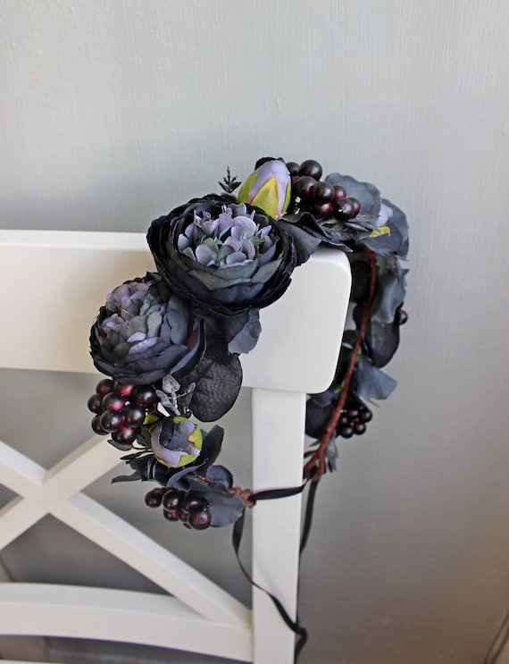 Gothic wedding floral crown, Black flower crown, Halloween wedding headpiece