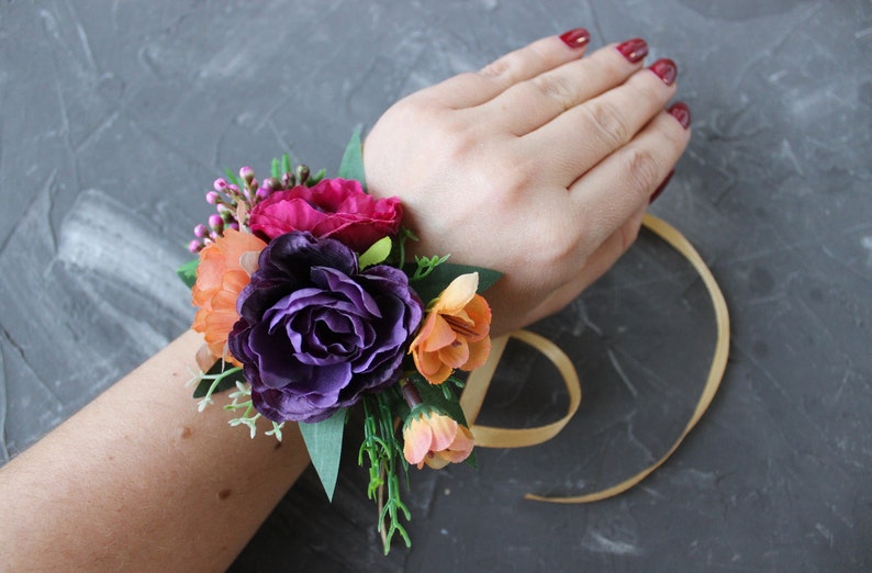 Purple orange bouquet, Fall wedding bouquet, Cascading bridal bouquet Corsage