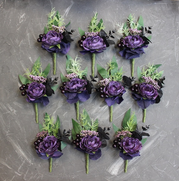 Purple Boutonniere Set Of 2 For Groom & Best Man - Artificial Flower Wedding Corsage With Brooches - View #4