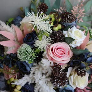 Winter wedding bouquet, Navy ivory pink wedding bouquet with pines, Silk flower bouquet image 5