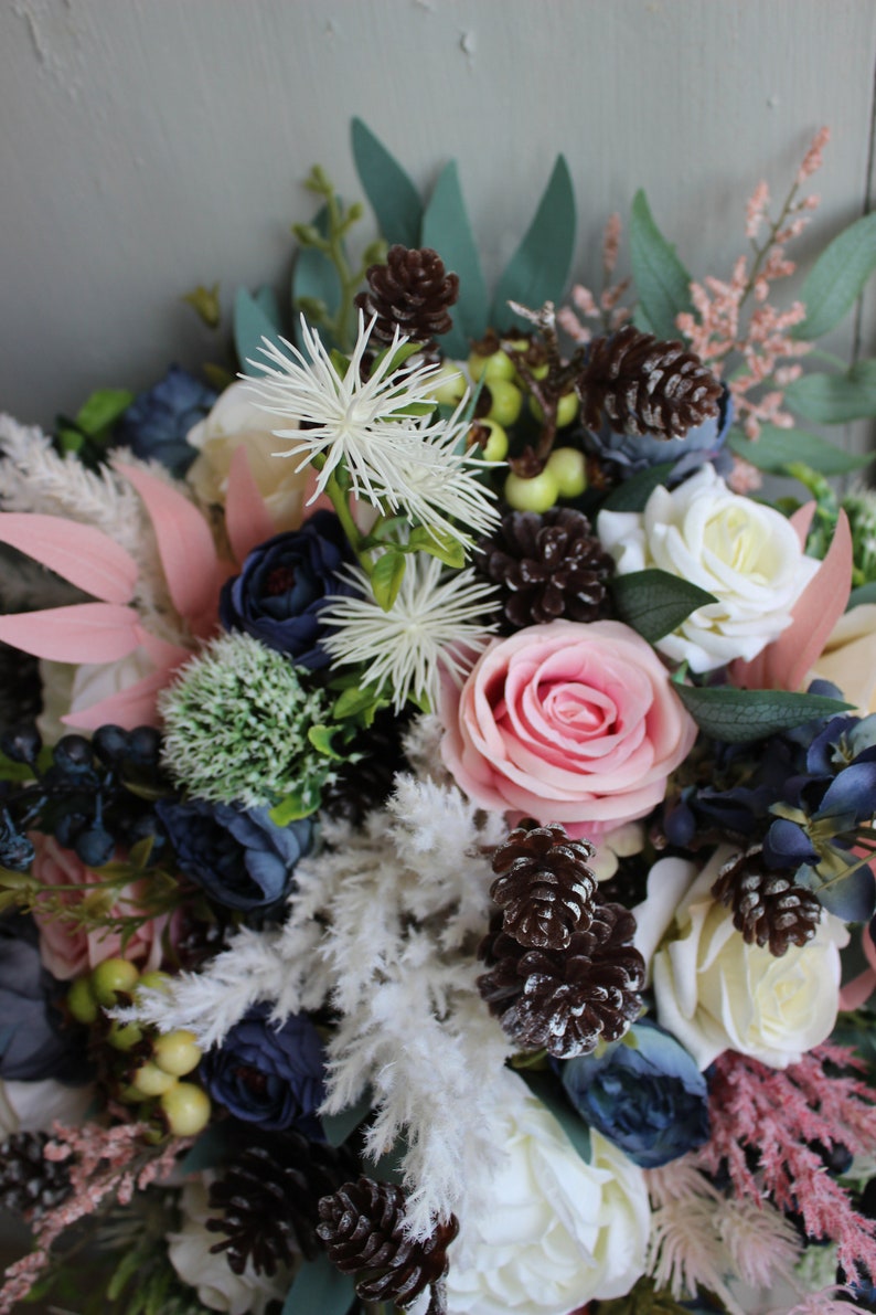 Winter wedding bouquet, Navy ivory pink wedding bouquet with pines, Silk flower bouquet image 5