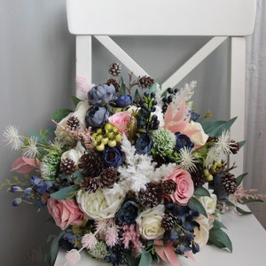 Winter wedding bouquet, Navy ivory pink wedding bouquet with pines, Silk flower bouquet image 6