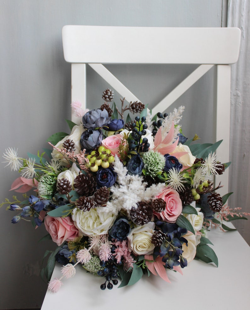 Winter wedding bouquet, Navy ivory pink wedding bouquet with pines, Silk flower bouquet image 6