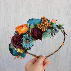 Teal orange flower crown, Fall wedding headpiece, Flower girl crown