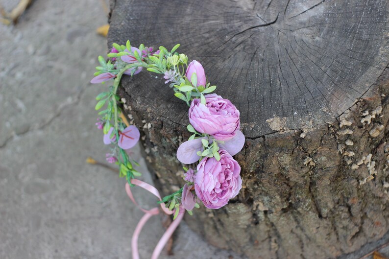 Floral photo shoot crown. bridesmaids Greenery wedding bridal headpiece Eucalyptus dusty purple peony flower crown for flower girls