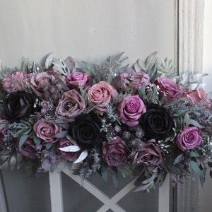 Sage mauve purple silver bouquet, Gothic wedding bouquet, Moody bouquet, Cascading bouquet Table decor 30" long