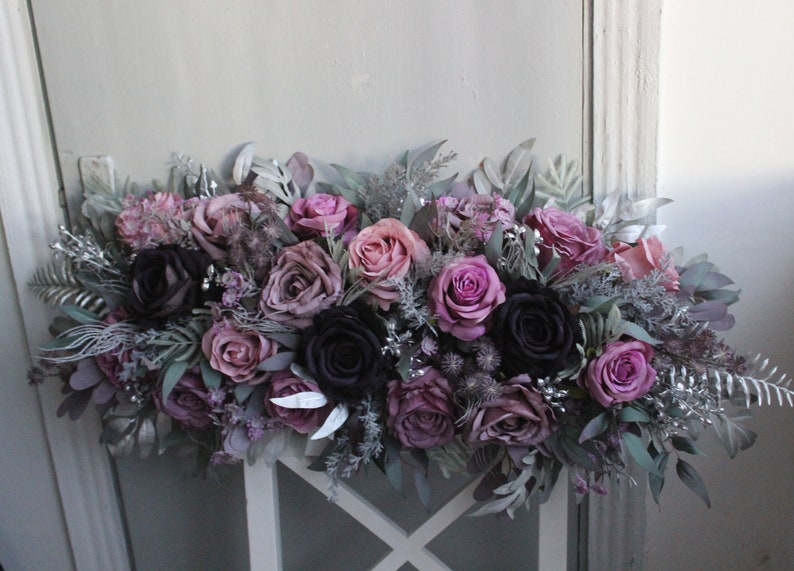 Sage mauve purple silver bouquet, Gothic wedding bouquet, Moody bouquet, Cascading bouquet Table decor 30" long