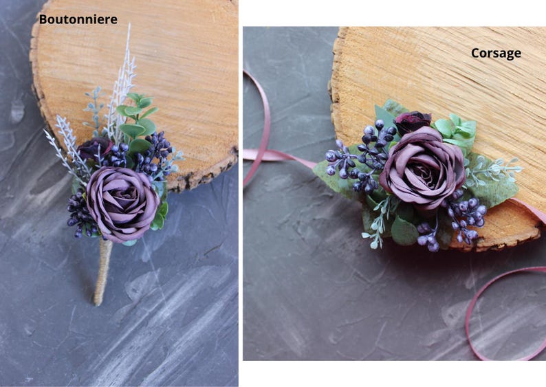 May include: A boutonniere and a corsage featuring artificial flowers. The boutonniere has a purple rose, sprigs, and berries, with a twine-wrapped stem. The corsage includes a purple rose, berries, and greenery, with a pink ribbon.