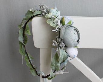 Sage green dusty blue flower crown, Winter wedding crown, Boho flower crown