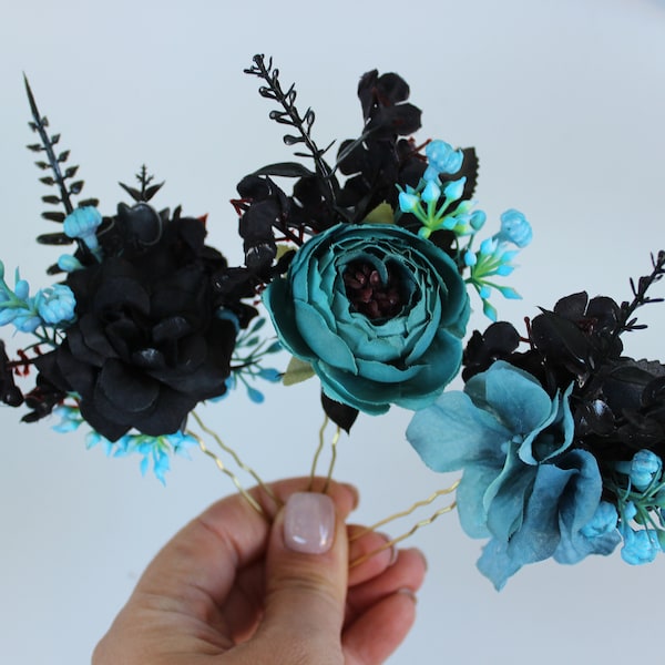Teal black flower hair pins, set of hair pins, wedding hair pins, bridal hair clip, floral hair pin, hair accessories, teal black wedding