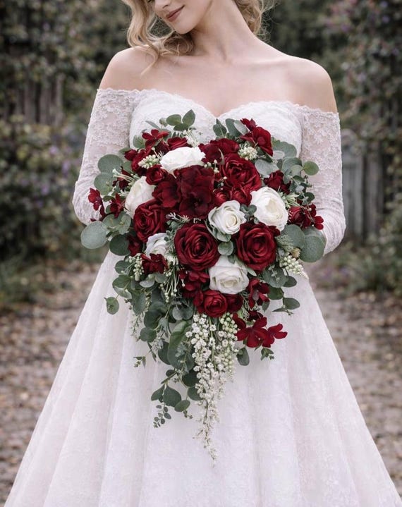 Burgundy White Cascade Bridal Bouquet With Eucalyptus, Romantic Wedding Flowers