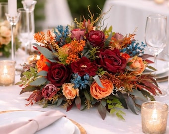 Burnt Orange Burgundy Centerpiece, Table Bouquet, Silk Flower Wedding Top Table