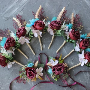 Burgundy teal wedding boutonniere for men, Groom groomsman buttonhole, Fall wedding flowers