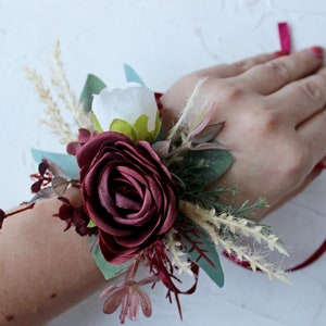 Boho bridal bouquet, Taupe tan ivory burgundy bouquet, Winter wedding bouquet Corsage