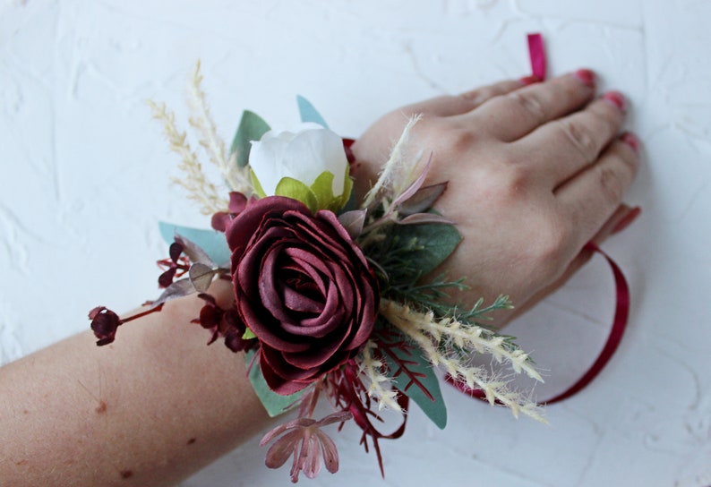 Boho bridal bouquet, Taupe tan ivory burgundy bouquet, Winter wedding bouquet Corsage