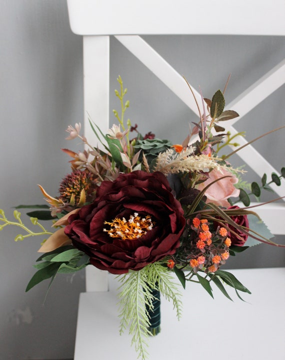 Winter Wedding Bouquet, Bridesmaid Bouquet, Taupe Tan Ivory Orange