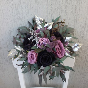 Sage mauve purple silver bouquet, Gothic wedding bouquet, Moody bouquet, Cascading bouquet Bridesmaid 8"(round)