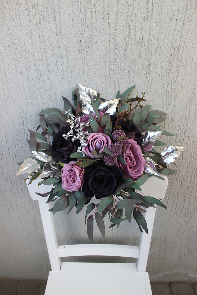 Sage mauve purple silver bouquet, Gothic wedding bouquet, Moody bouquet, Cascading bouquet Bridesmaid 8"(round)