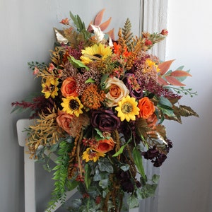 Orange rust burgundy  bouquet, Fall wedding bouquet, Sunflower bouquet