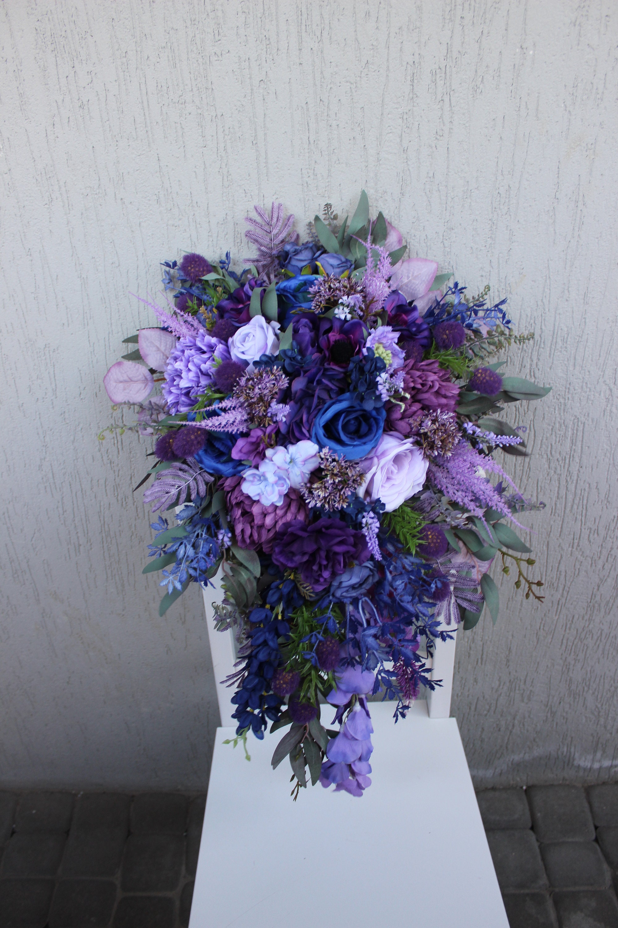 Purple blue wedding bouquet, Lavender bouquet, Jewel tone bouquet, Cascading bridal bouquet boho