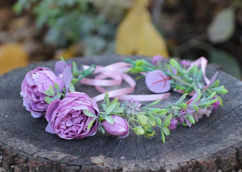 Floral photo shoot crown. bridesmaids Greenery wedding bridal headpiece Eucalyptus dusty purple peony flower crown for flower girls