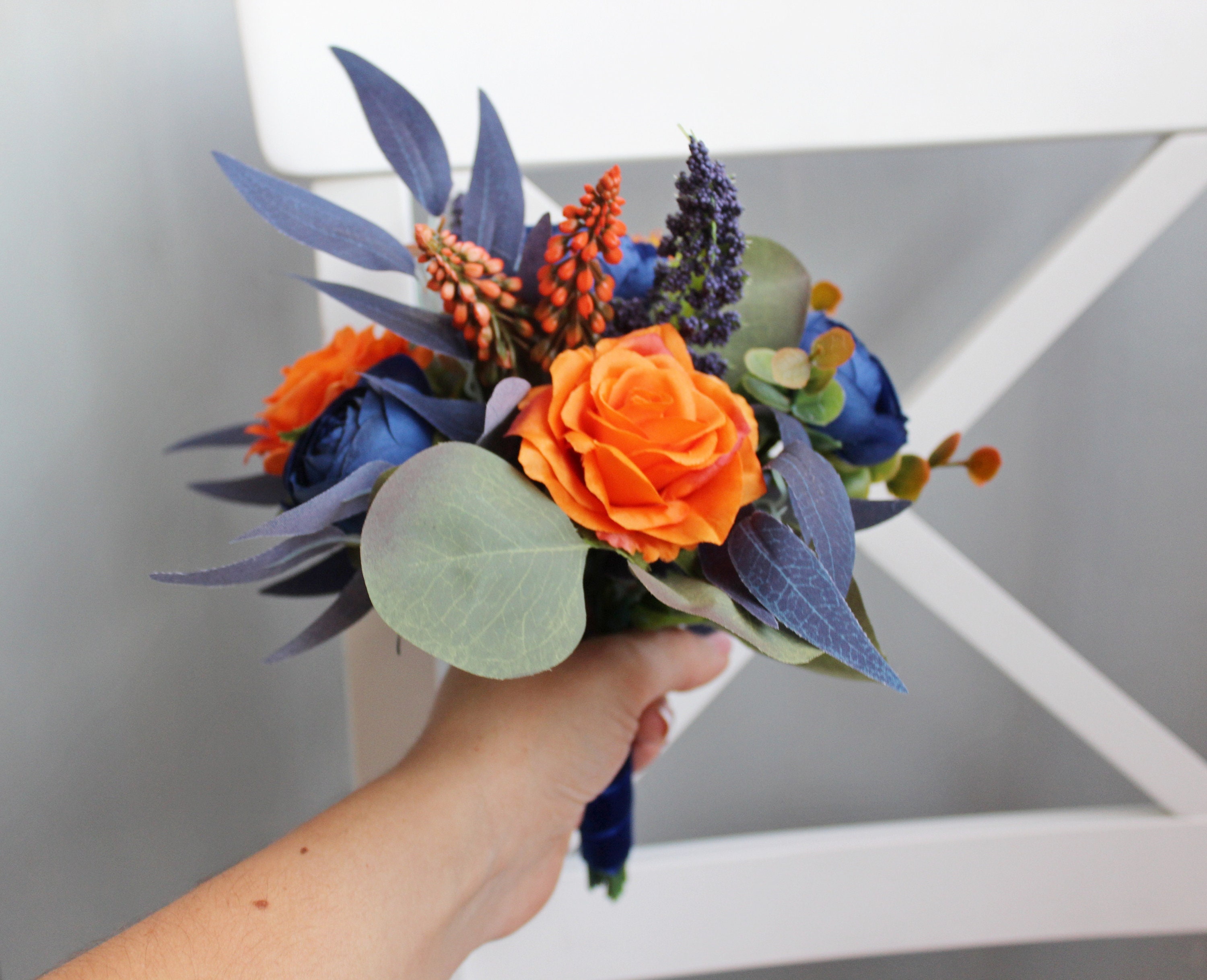 Burnt Orange Navy Blue Wedding Bouquet Silk Flower Bouquet Etsy UK
