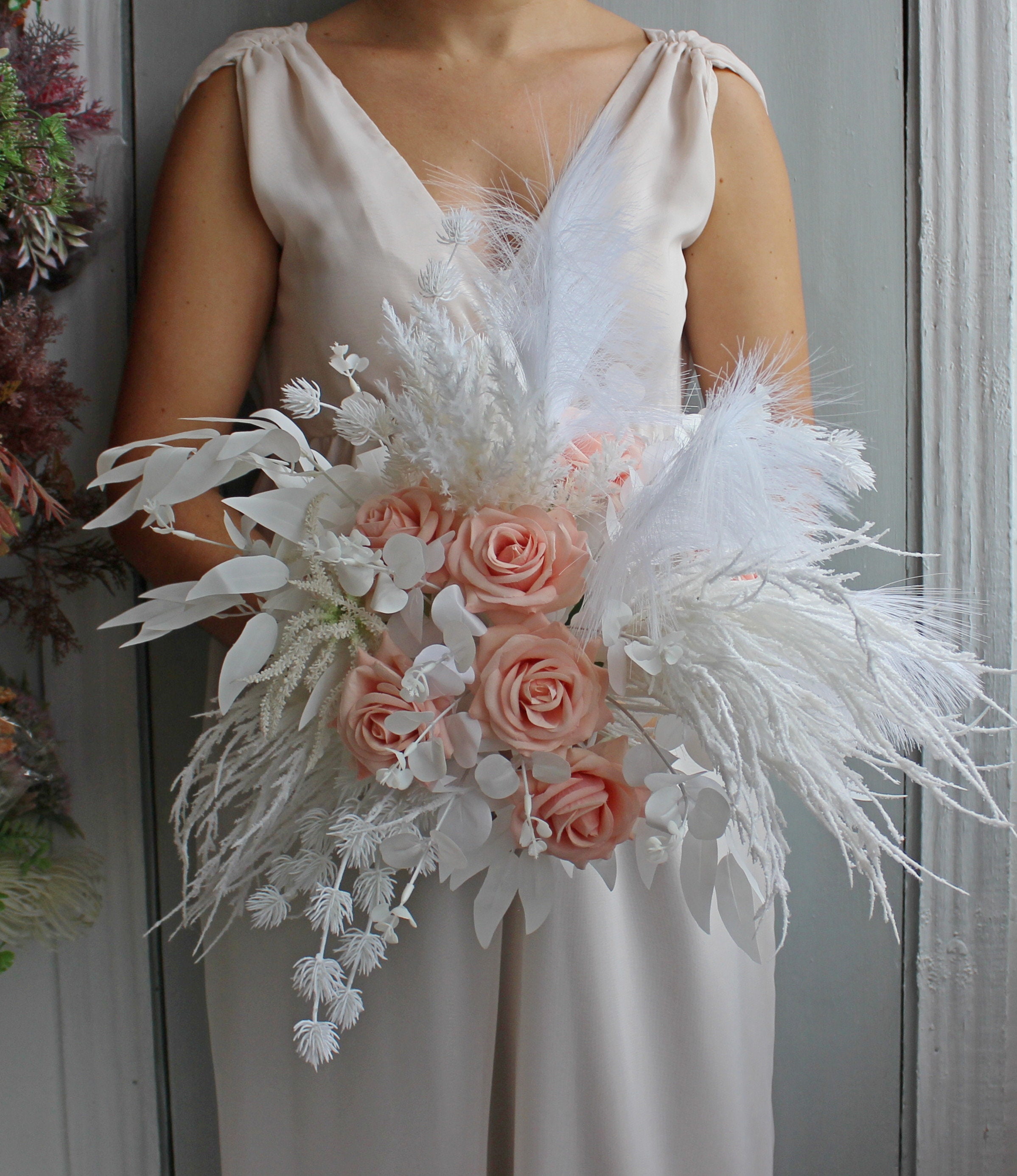 Boho bridal bouquet White pink wedding bouquet Pampas grass Etsy