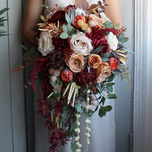 Light rust ivory burgundy wedding bouquet, Cascading bouquet, Fall wedding bouquet