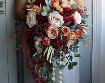 Light rust ivory burgundy wedding bouquet, Cascading bouquet, Fall wedding bouquet