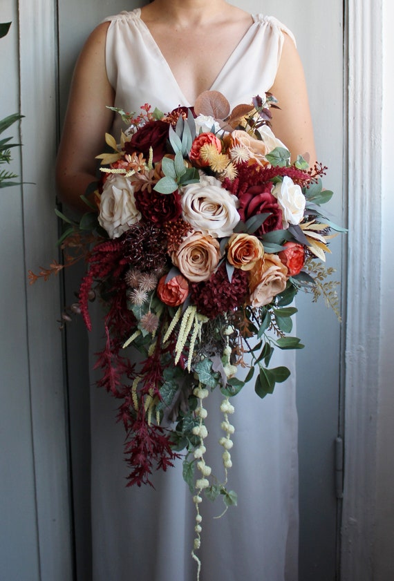 Light Rust Ivory Burgundy Wedding Bouquet, Cascading Bouquet, Fall Wedding  Bouquet - Etsy