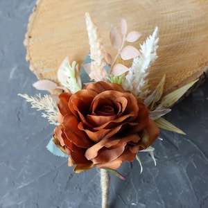 Rust terracota wedding flowers, Fall boutonniere, Rust corsage