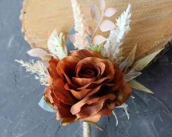 Rust terracota wedding flowers, Fall boutonniere, Rust corsage