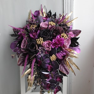 Purple black gold bouquet, Gothic wedding bouquet, Moody bouquet, Cascading Halloween wedding bouquet