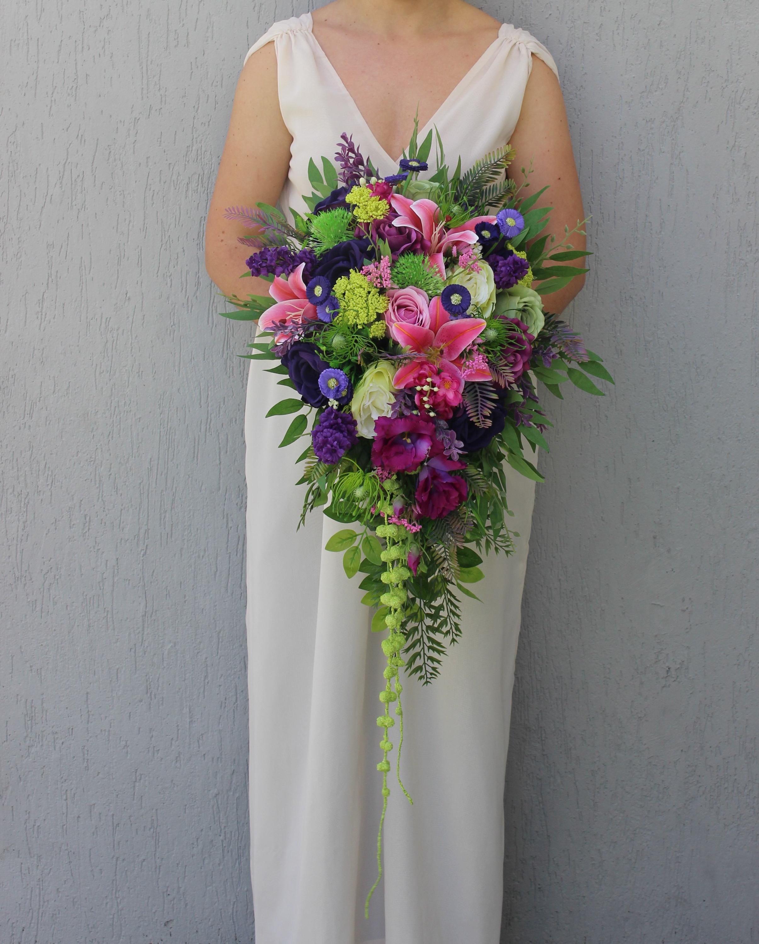 Purple pink green bouquet, Colorful bridal bouquet, Rainbow bouquet, Bright wildflowers bouquet