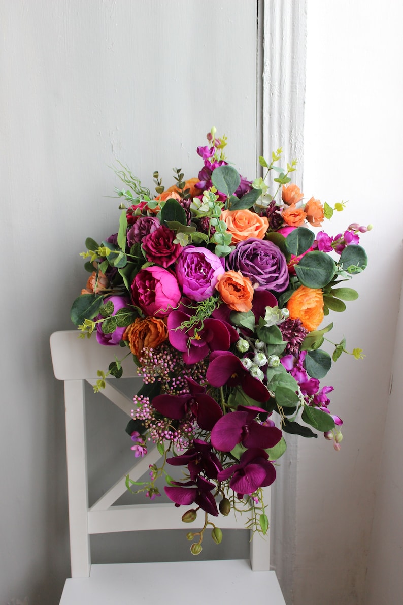 Purple orange bouquet, Fall wedding bouquet, Cascading bridal bouquet Bridal 13"