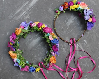 Colorful bridal flower crown, Rainbow wedding crown, Vibrant wedding flowers