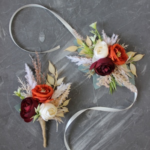 Rust terracota wedding flowers, Fall boutonniere, Rust burgundy ivory corsage, Burnt orange wedding