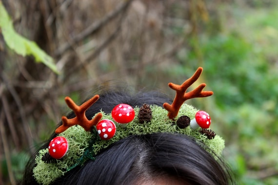 Wald Krone, Winter Stirnband, Weihnachts Kopfschmuck, Geweih Stirnband, Pilz Krone, grüne Haarspange
