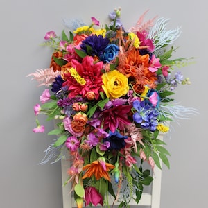 Colorful bridal bouquet, rainbow bouquet, wedding flowers, wedding floral decorations, colorful wedding bouquet, silk flower bouquet