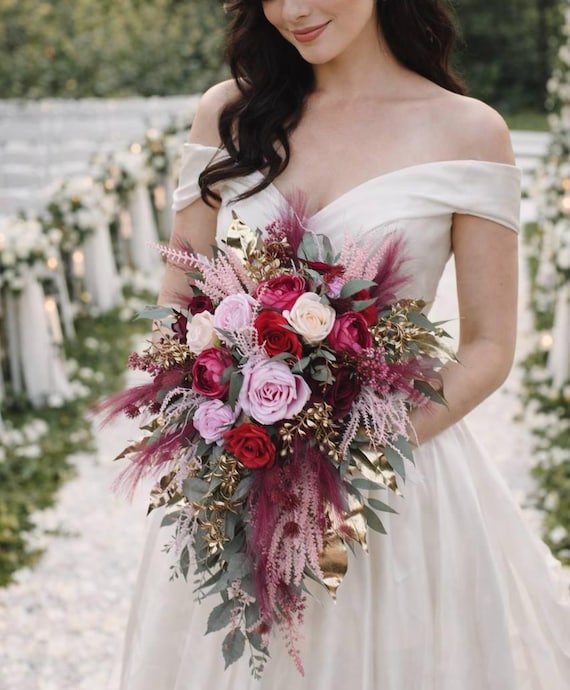prom bouquets for burgundy dress Blush and Burgundy Premade Bridesmaid Bouquet | Flower Moxie DIY Wedding 9