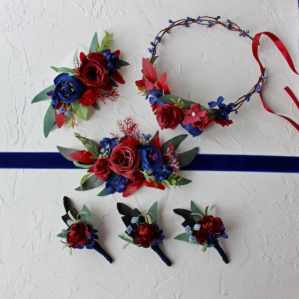 Navy burgundy wedding flowers set, Sash belt, Boutonniere for men, Floral comb, Flower crown