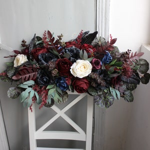 Burgundy black navy arch swag, Gothic wedding arch flowers, Halloween wedding decor