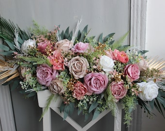 Rose gold arch flowers, Wedding arch swag, Pink gold green arbor decor