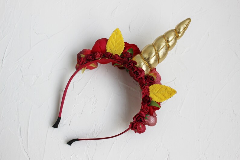 First birthday animal ears crown Burgundy gold unicorn headband for girls and adults Christmas unicorn horn for unicorn party