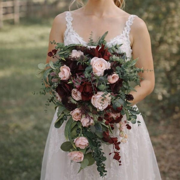Burgundy Blush Bridal Bouquet, Cascading Wedding Flowers, Romantic Greenery Arrangement