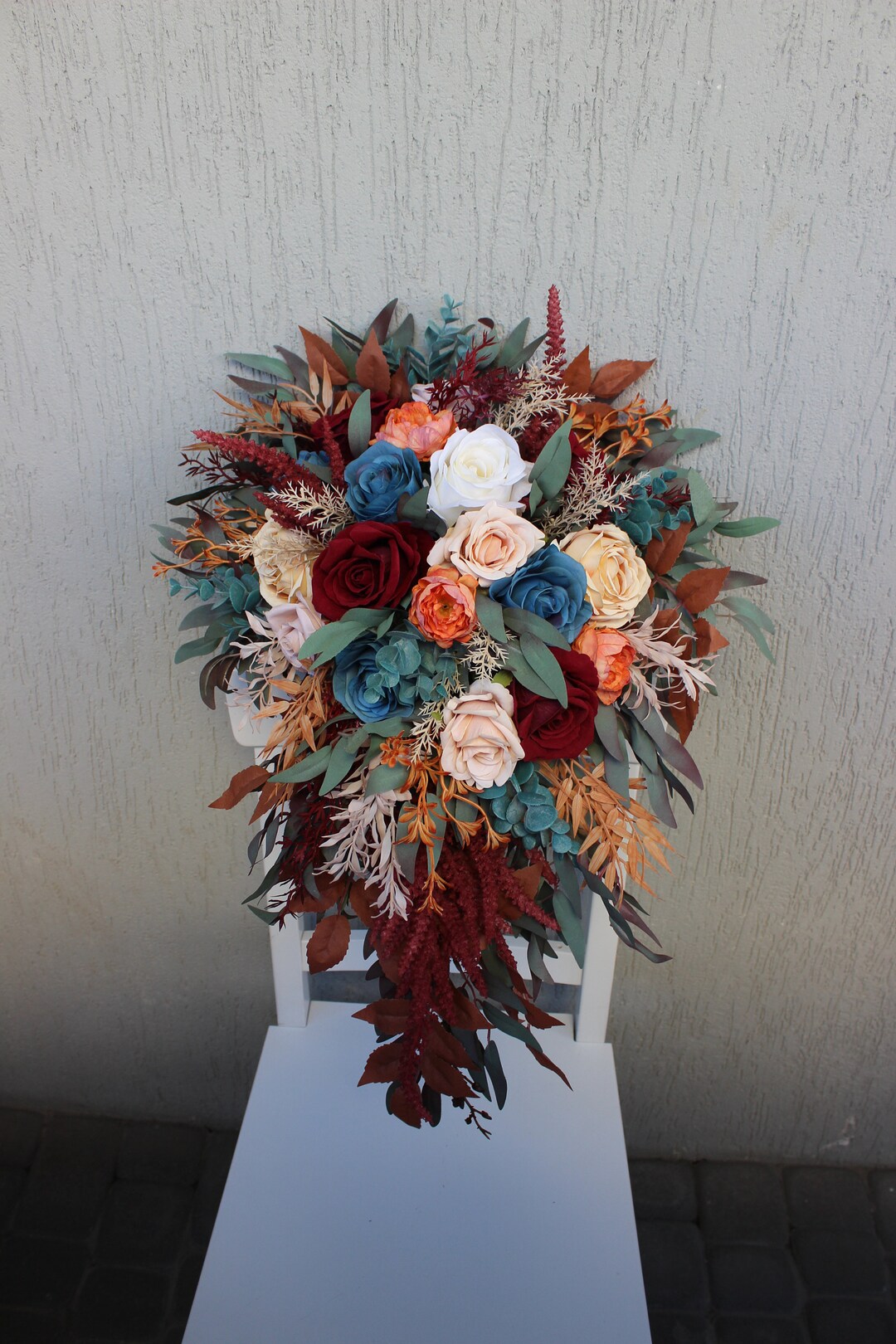 Rust Teal Burgundy Wedding Bouquet Cascading Bouquet Fall Wedding 