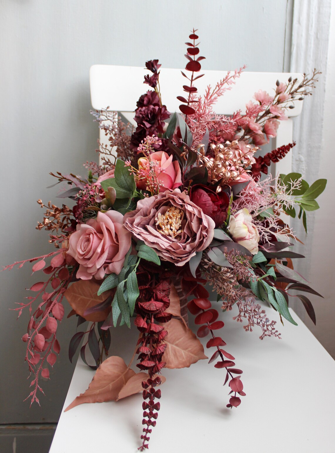 rose gold and burgundy bouquet