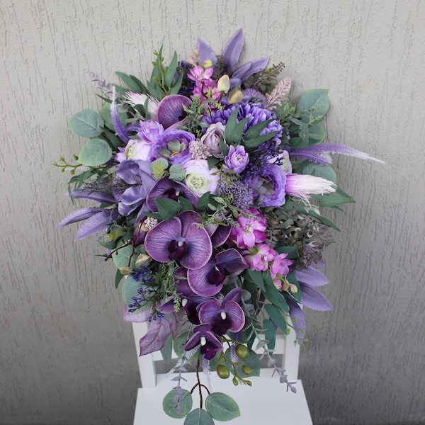 Bouquet vert lavande violet clair, bouquet de mariée orchidées, bouquet de mariée eucalyptus, bouquet de fleurs en soie