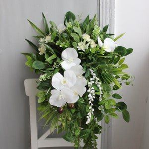 Emerald green white wedding bouquet, Cascading bouquet, Tropical wedding bouquet