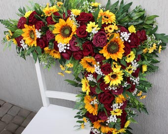 Sunflower Burgundy Arch Swag, Baby Breath Wedding Arbor Decor, Deep Red Yellow White Decorations